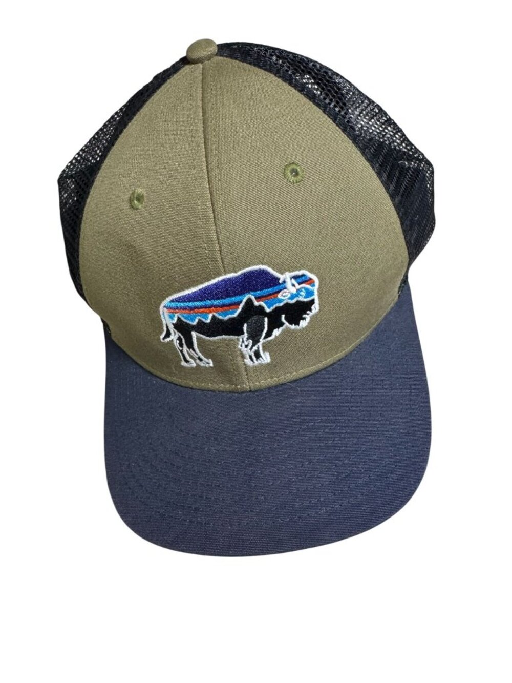 Patagonia Buffalo Logo Trucker Hat Olive Green Blue Adjustable Mesh Back Cap OS